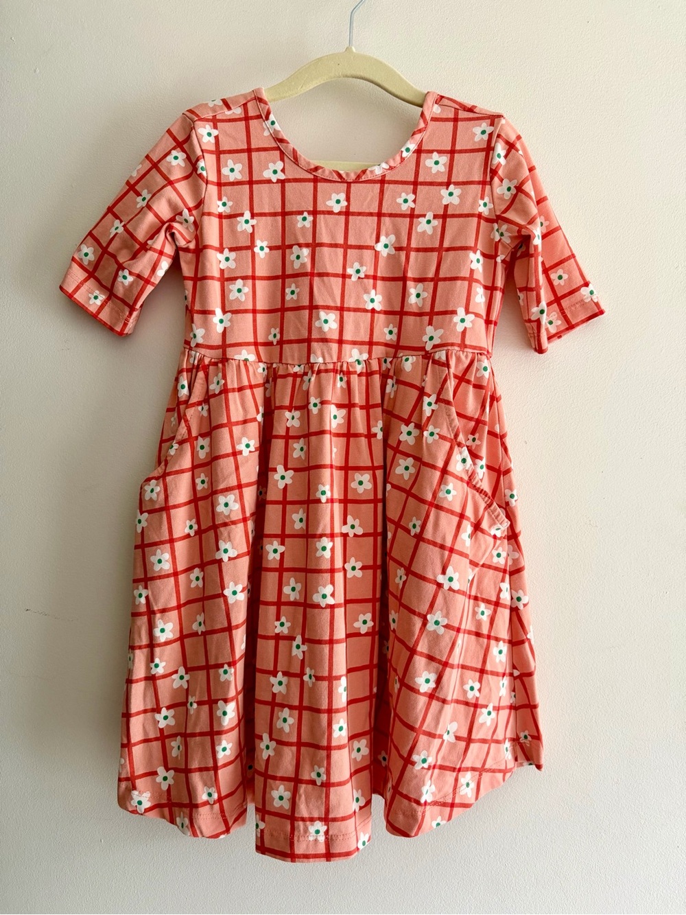 Hanna Andersson Girls' Coral Skater Dress with Grid and Floral pattern